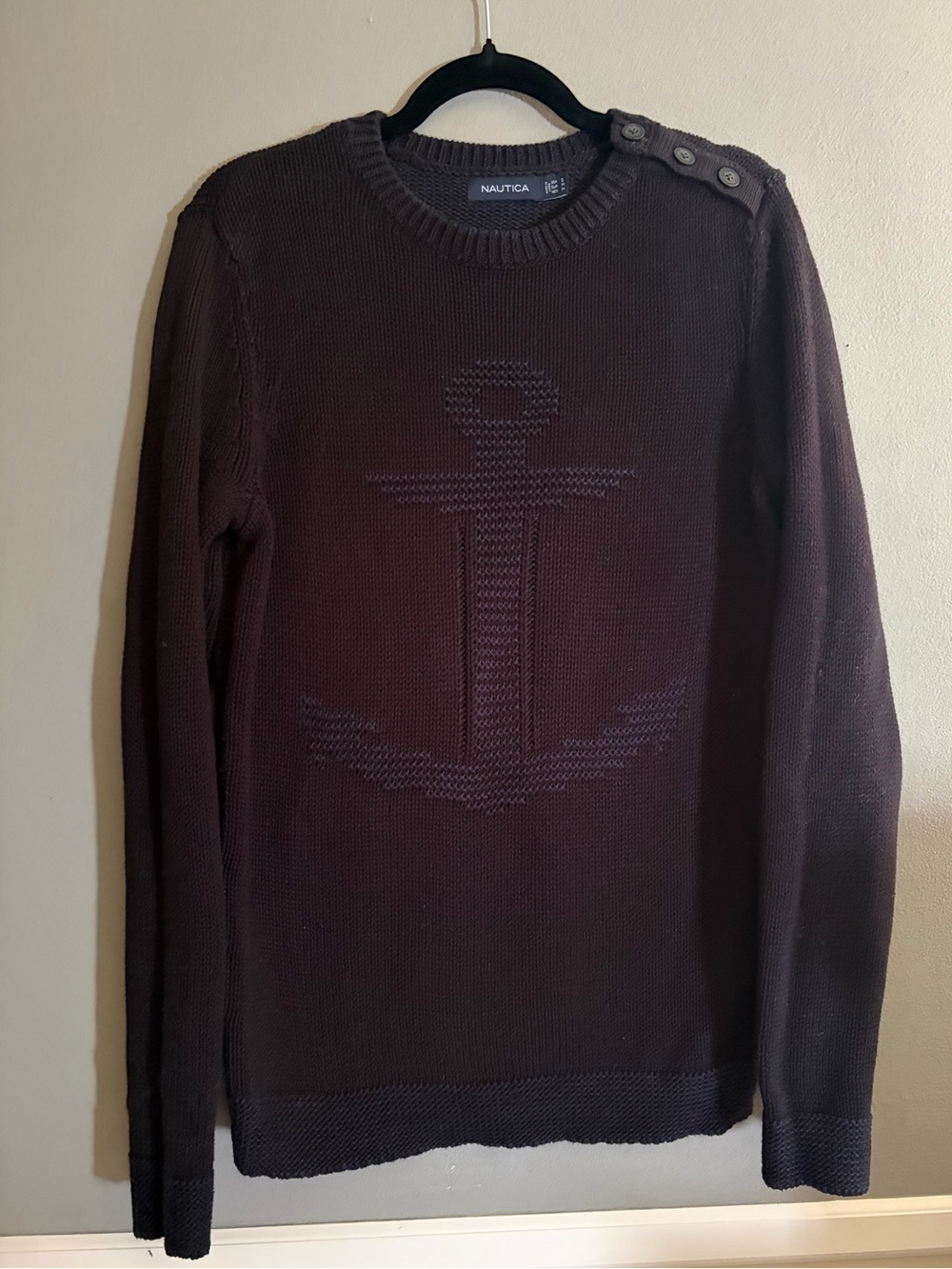 Nautica Anchor Knit Sweater Navy 100% Cotton Crewneck Shoulder Button Nautical